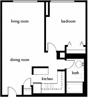Floor plan for 1 bed, 1 bath, 590 sqft